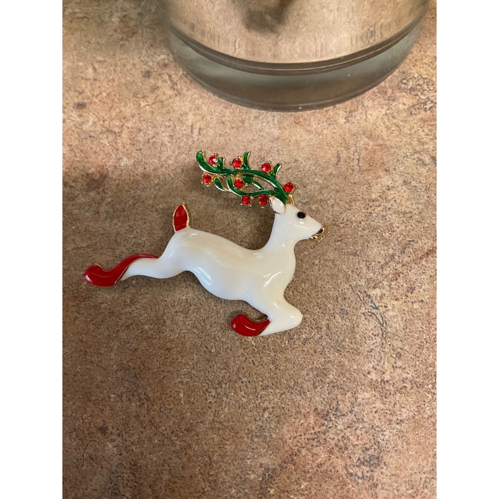 Christmas Reindeer Brooch Pin White Enamel Red Rhinestone Holly Gold Tone